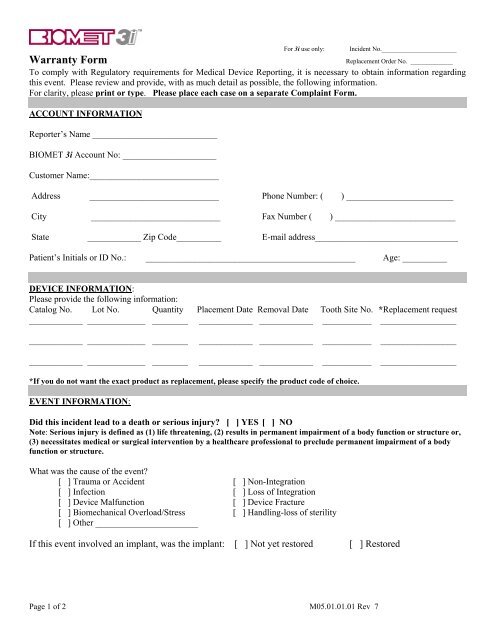 Warranty Form - Biomet 3i
