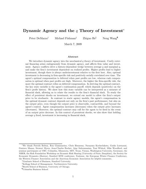 Dynamic Agency and the q Theory of Investment - Robert H. Smith ...