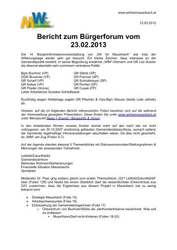 Bericht zum siebenten Mauerbacher Bürgerforum am 23. Februar 2013 ...