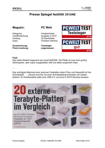 Presse Spiegel NetDISK 351UNE Magazin: PC Welt