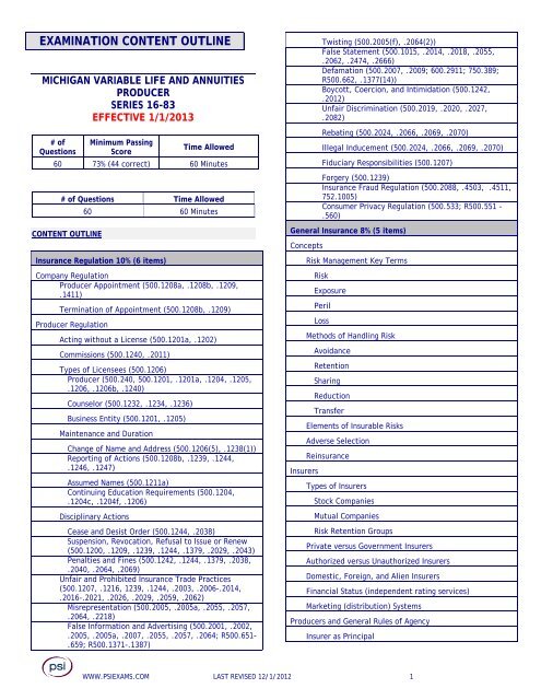 EXAMINATION CONTENT OUTLINE - PSI