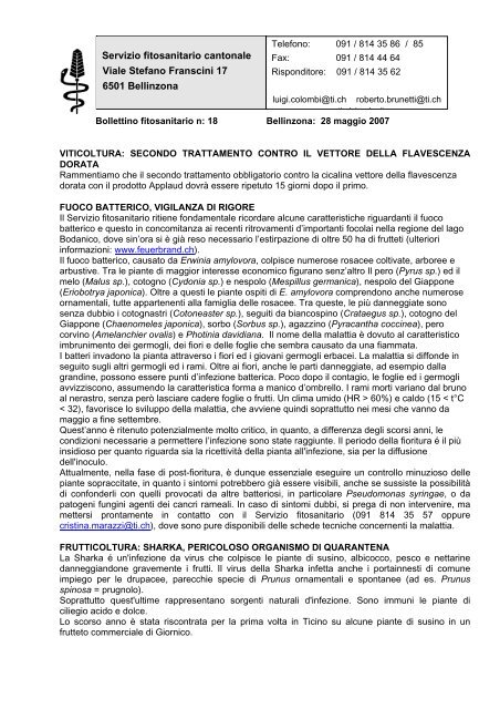 Bollettino fitosanitario no. 18/2007