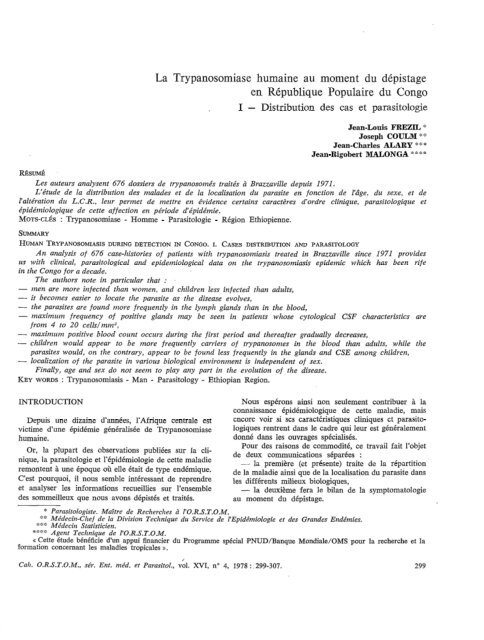 1. Distribution des cas et parasitologie - Maladie du sommeil