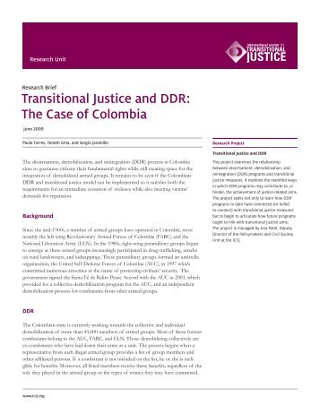 Transitional Justice and DDR: The Case of Colombia - International ...