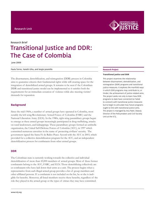 Transitional Justice and DDR: The Case of Colombia - International ...