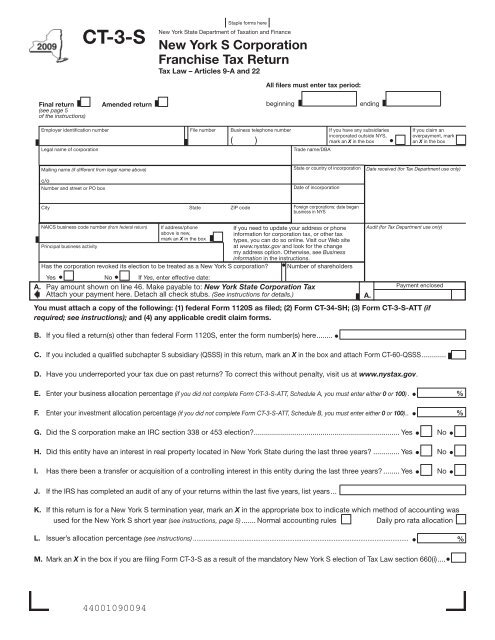 Form CT-3-S:2009:New York S Corporation Franchise Tax Return ...