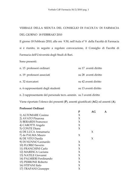 VERBALE DELLA SEDUTA DEL CONSIGLIO DI FACOLTA' DI ...