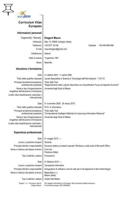 Curriculum Vitae aggiornato al 30/07/2010 - DragoTECH Informatica