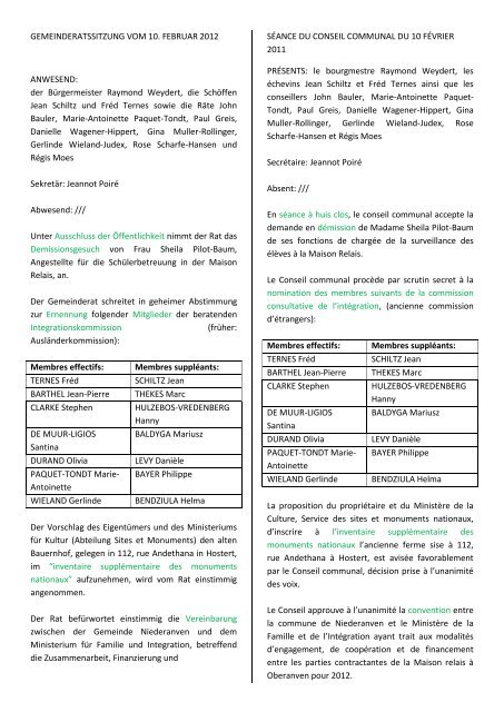 GEMEINDERATSSITZUNG VOM 10. FEBRUAR  2012 ... - Niederanven