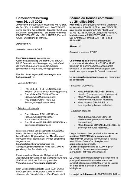 Gemeinderatssitzung vom 26. Juli 2002 Séance du ... - Niederanven