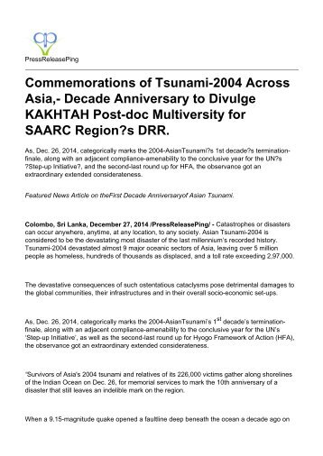 Commemorations of Tsunami-2004 Across Asia,- Decade Anniversary to Divulge KAKHTAH Post-doc Multiversity for SAARC Region's DRR.