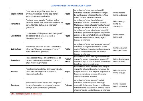 CARDAPIO RESTAURANTE 26/06 A 03/07