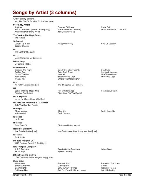 Songs by Artist (3 columns)