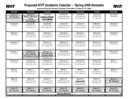 Proposed NYIT Academic Calendar - Spring 2008 Semester Proposed NYIT Academic Calendar - Spring 2008 Semester