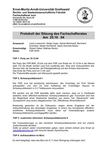 Protokoll der Sitzung des Fachschaftsrates Am 25.10 .04