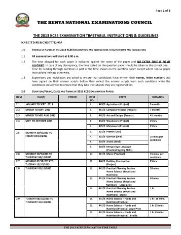 2013 kcse examination timetable instructions & guidelines