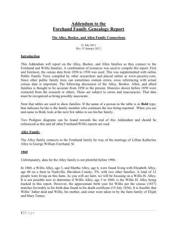 Addendum to the Forehand Family Genealogy Report - New Page 1