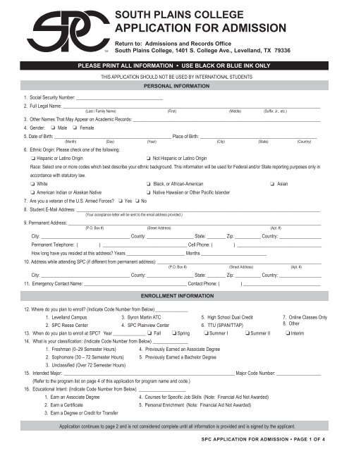 Printable Application for Admission - South Plains College
