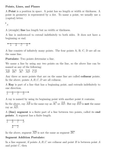 Points, Lines, and Planes A Point is a position in space. A point has ...