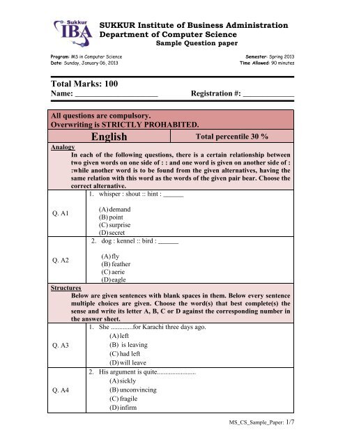 Sample Test Paper For Ms Amp Phd 2013 Sukkur Iba