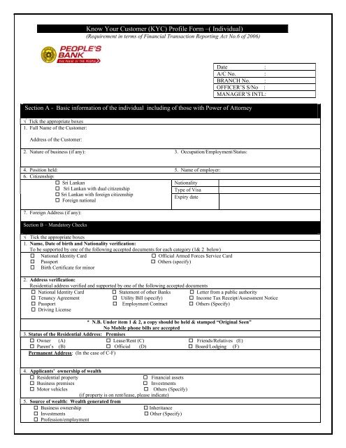 Know Your Customer (KYC) Profile Form - Peoples Bank