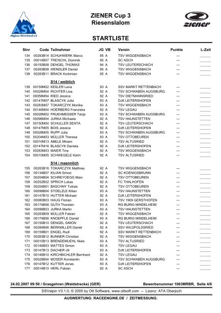 STARTLISTE ZIENER Cup 3 Riesenslalom - raceengine.de