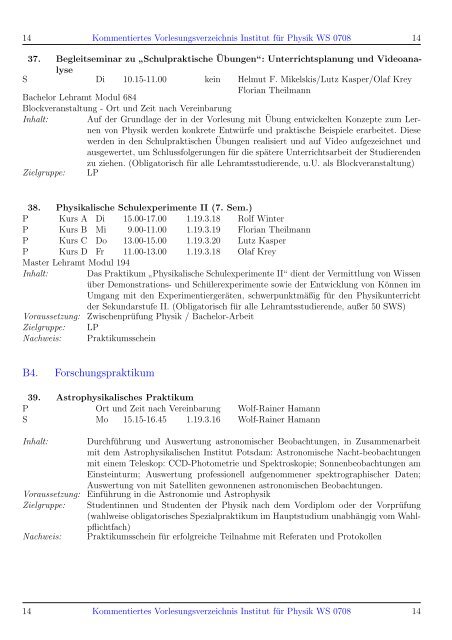 Kommentiertes Vorlesungsverzeichnis WS 0708 - Institut fuer Physik