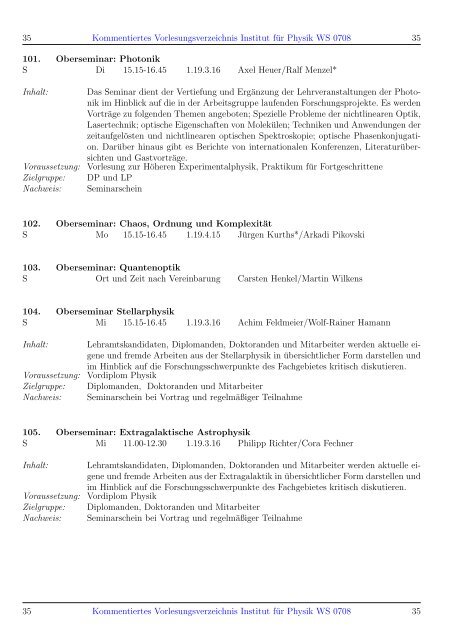 Kommentiertes Vorlesungsverzeichnis WS 0708 - Institut fuer Physik