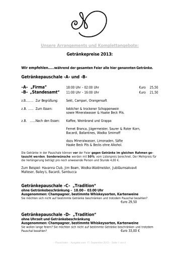 Unsere Arrangements und Komplettangebote: Getränkepreise 2013 ...