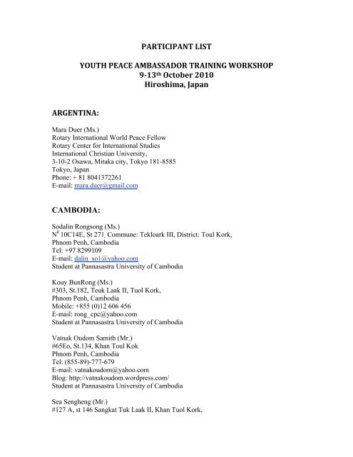 PARTICIPANT LIST YOUTH PEACE AMBASSADOR TRAINING ...