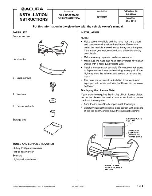 INSTALLATION INSTRUCTIONS - Bernardi Acura Parts & Accessories