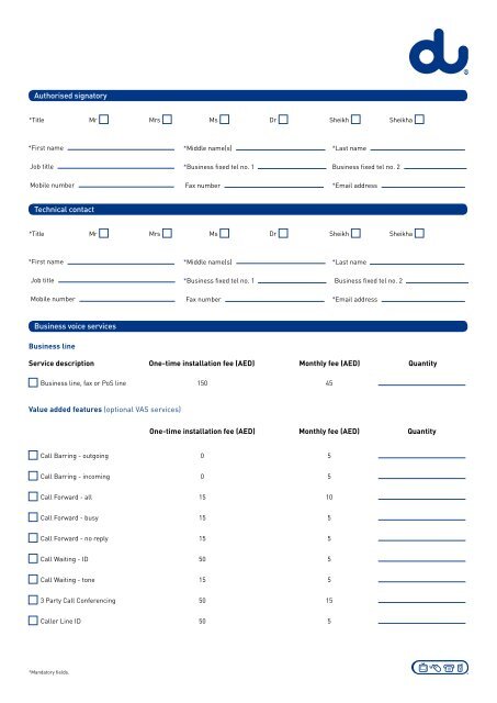 Business Fixed Services - Application form - Du