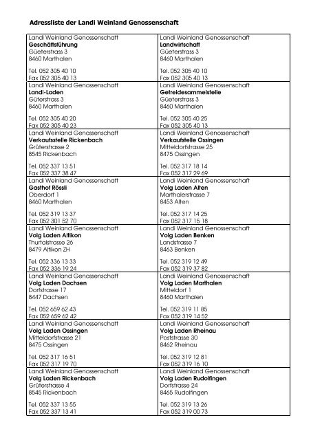 Adressliste (pdf / 25 KB) - LANDI Weinland