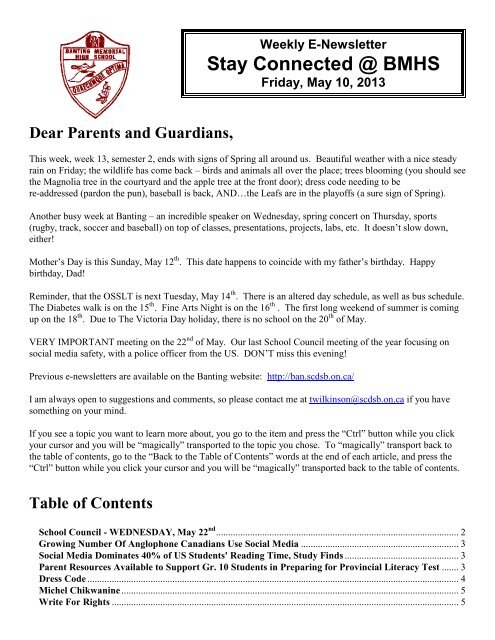 Weekly Newsletter May 10, 2013 - Banting Memorial High School
