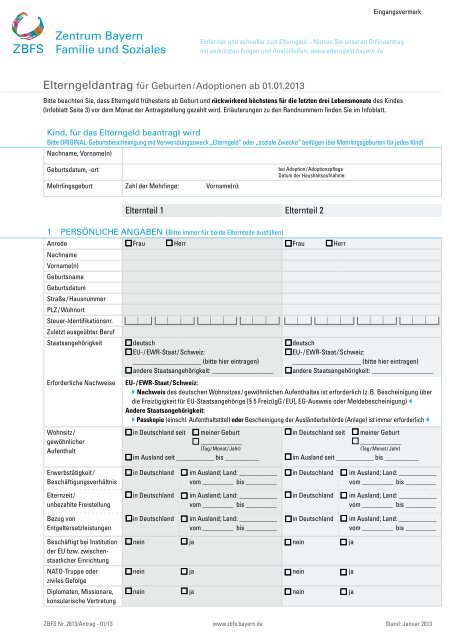 Antrag Auf Elterngeld Faƒa R Geburten Ab 01 01 2013 Zentrum