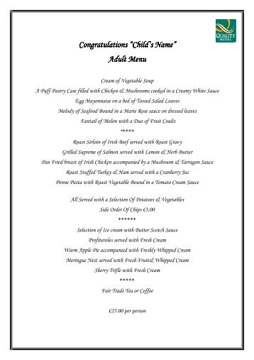 Communion confirmation sample menu 2013