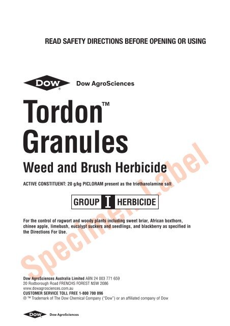 Tordon Granules Weed and Brush Herbicide label - Agtech.com.au