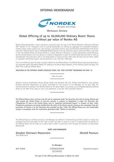 OFFERING MEMORANDUM Global Offering of up to ... - Nordex