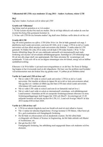 Välkomsttal till LTH:s nya studenter 22 aug 2011 ... - Student LTH