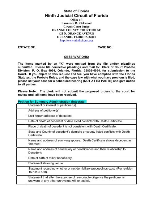 Checklist For Summary Intestate Ninth Judicial Circuit Court Of Florida