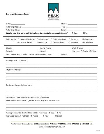 PDF Referral Form using this link - Peak Veterinary Referral Center