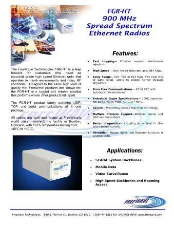 FGR-HT 900 MHz Spread Spectrum Ethernet Radios Features ...