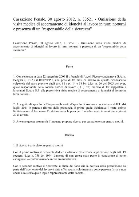 Cassazione Penale, 30 agosto 2012, n. 33521 - Omissione ... - Ospol