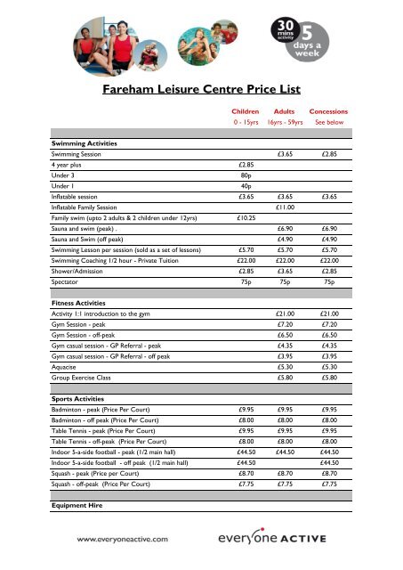 Fareham leisure centre price list - Everyone Active