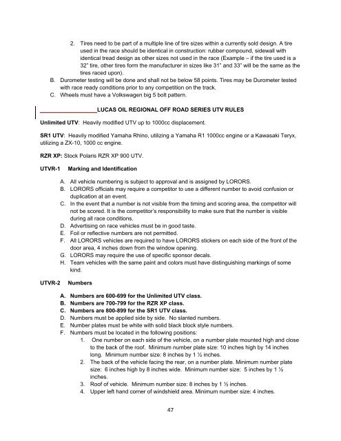 Official Rule Book - Lucas Oil Regional Off Road Racing