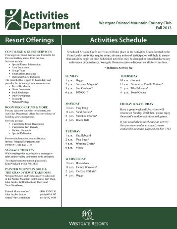our activities schedule - Westgate Painted Mountain Golf Resort