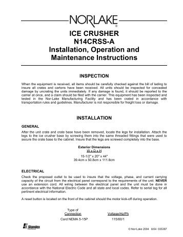 ICE CRUSHER N14CRSS-A Installation, Operation ... - Nor-Lake, Inc.