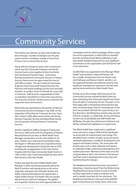 Colac Area Health Annual and Quality of Care Report 2009