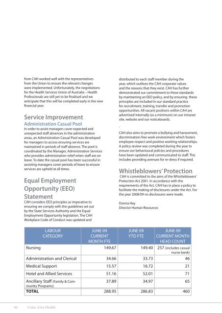 Colac Area Health Annual and Quality of Care Report 2009