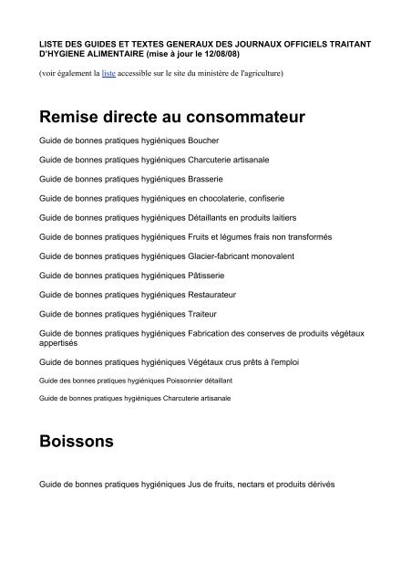 Liste des guides de bonnes pratiques hygiÃ¨ne